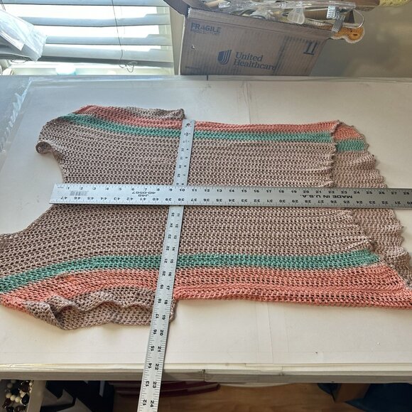 Womens Boho Open Knit Top Tan Striped Scalloped Hem Tunic Beach Cover Up Medium - Picture 2 of 6